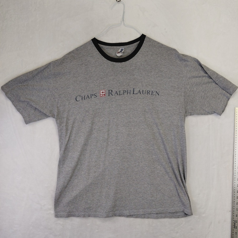 Vintage Chaps Ralph Lauren Ringer T-Shirt Gray Navy Logo Size L Y2K USA Fabric